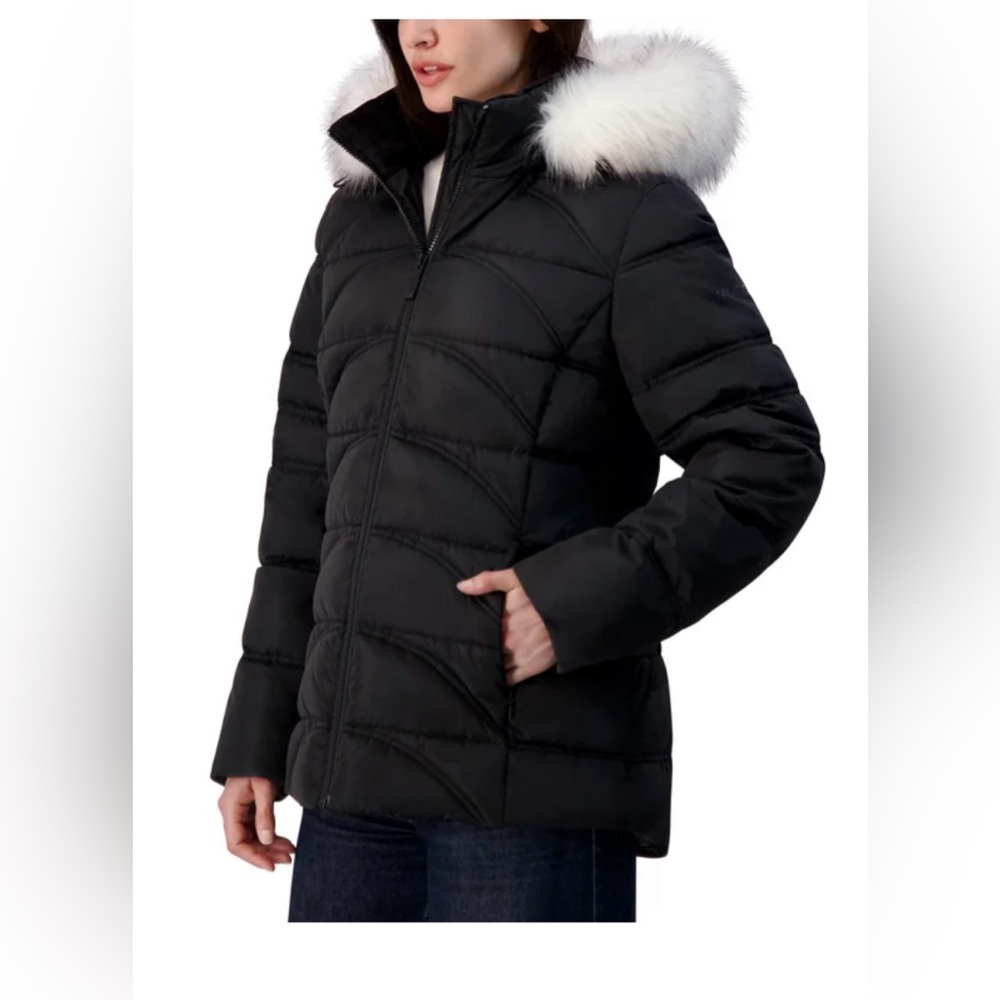 NWT Nautica Women’s Large Black Puffer Jacket with White Faux Fur Trim Winter L